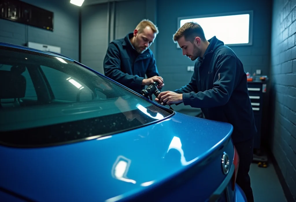 technicians replacing backglass