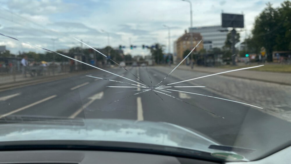 Cracked windshield before repair – ICBC claim process Langley